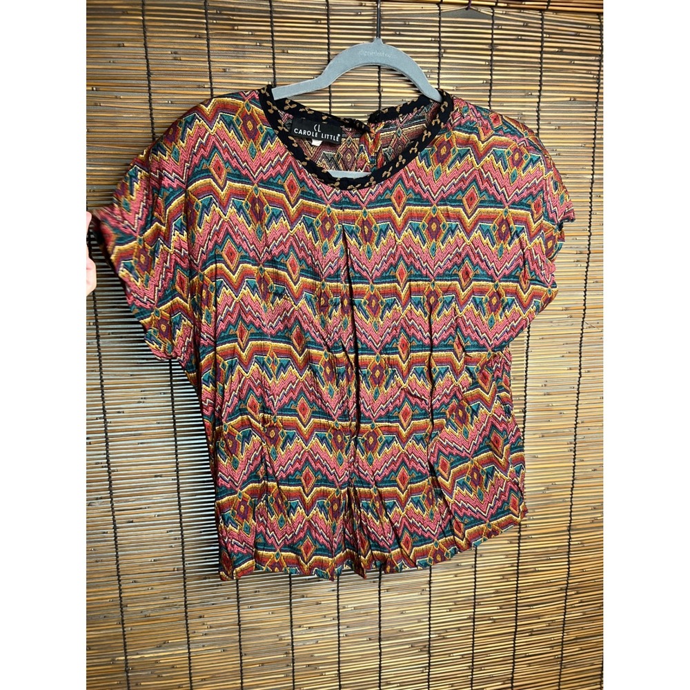 Vintage Carole Little Geometric Southwestern Rayon Gauze Blouse Size 8 USA Made